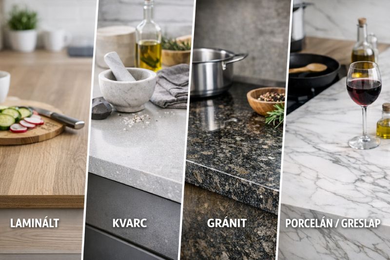Modern konyhapult anyagok összehasonlítása: greslap, kvarc, laminált és gránit felületek
